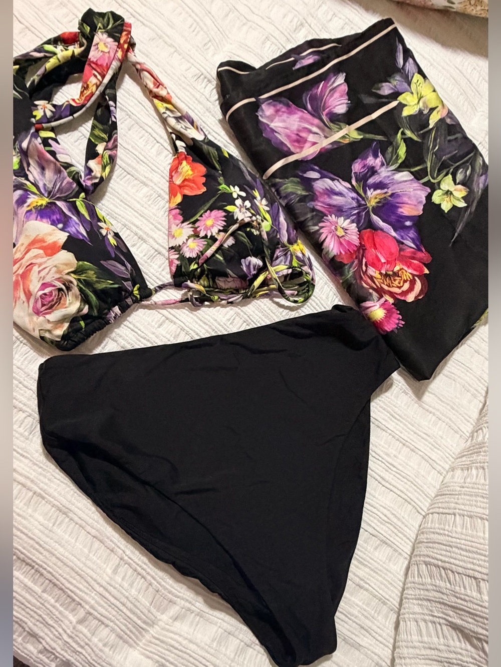 Express 3-Piece Swim Set - Floral Print Top & Black Bottom & floral sarong. NEW